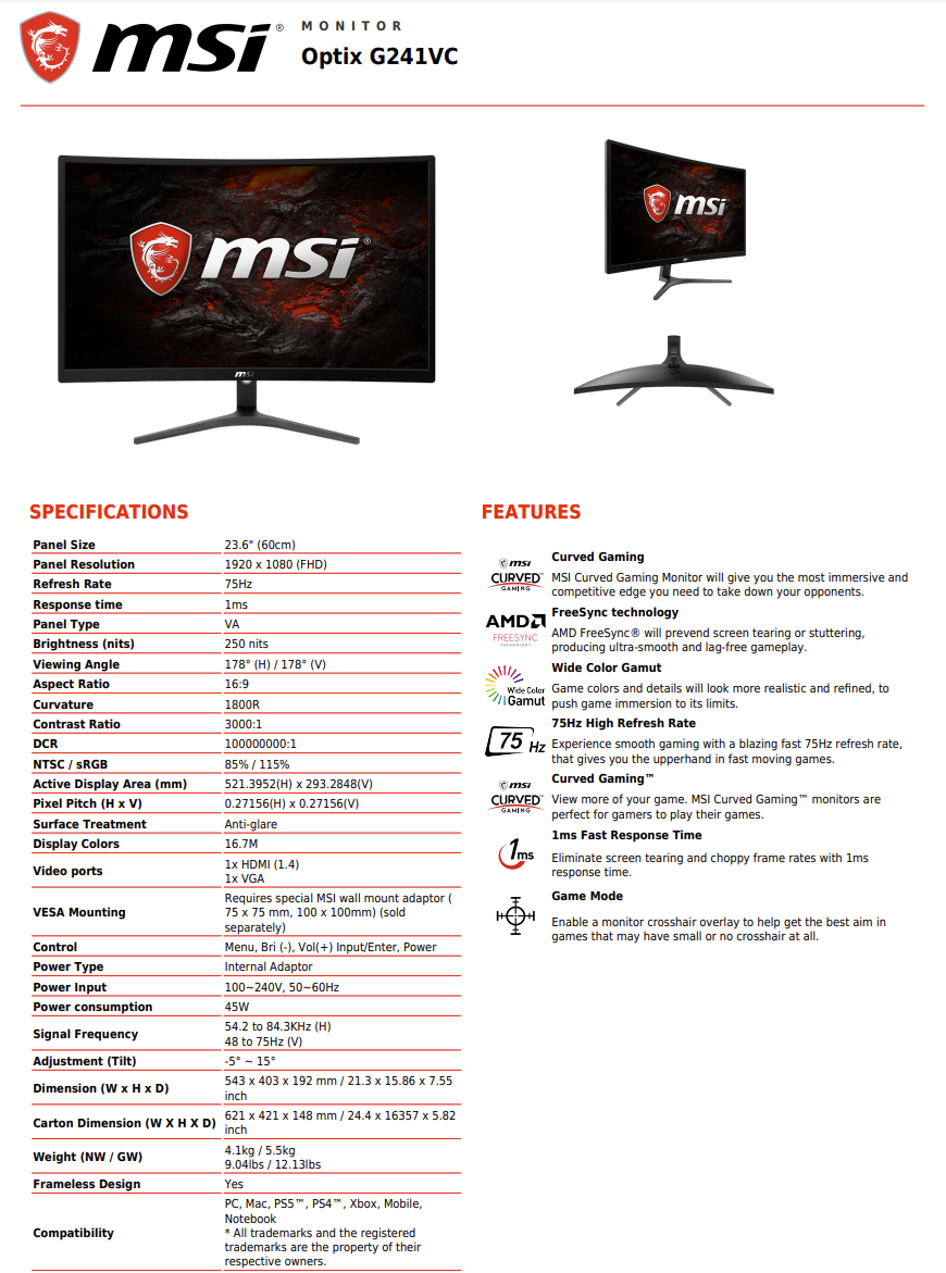 MSI Full HD FreeSync Gaming Monitor 24" Curved Non-Glare 1ms VA LED Wide Screen 1920 X 1080 75Hz Refresh Rate - Optix G241VC