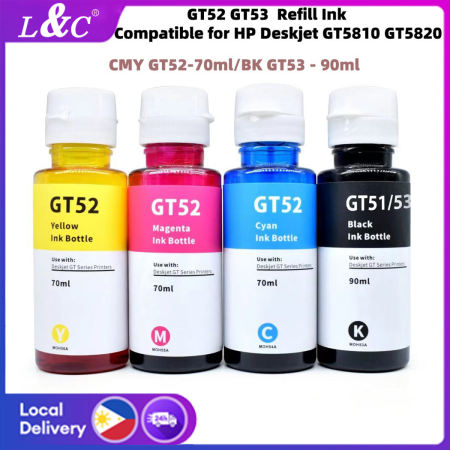 L&C For HP GT51/GT53 Black 90ml GT52 Cmy 70ml Dye Ink M0H54AA M0H55AA M0H56AA M0H57AA For HP Printer GT5810 GT5811 GT5820 GT5821 Tank 315 415 Smart Tank 515 615