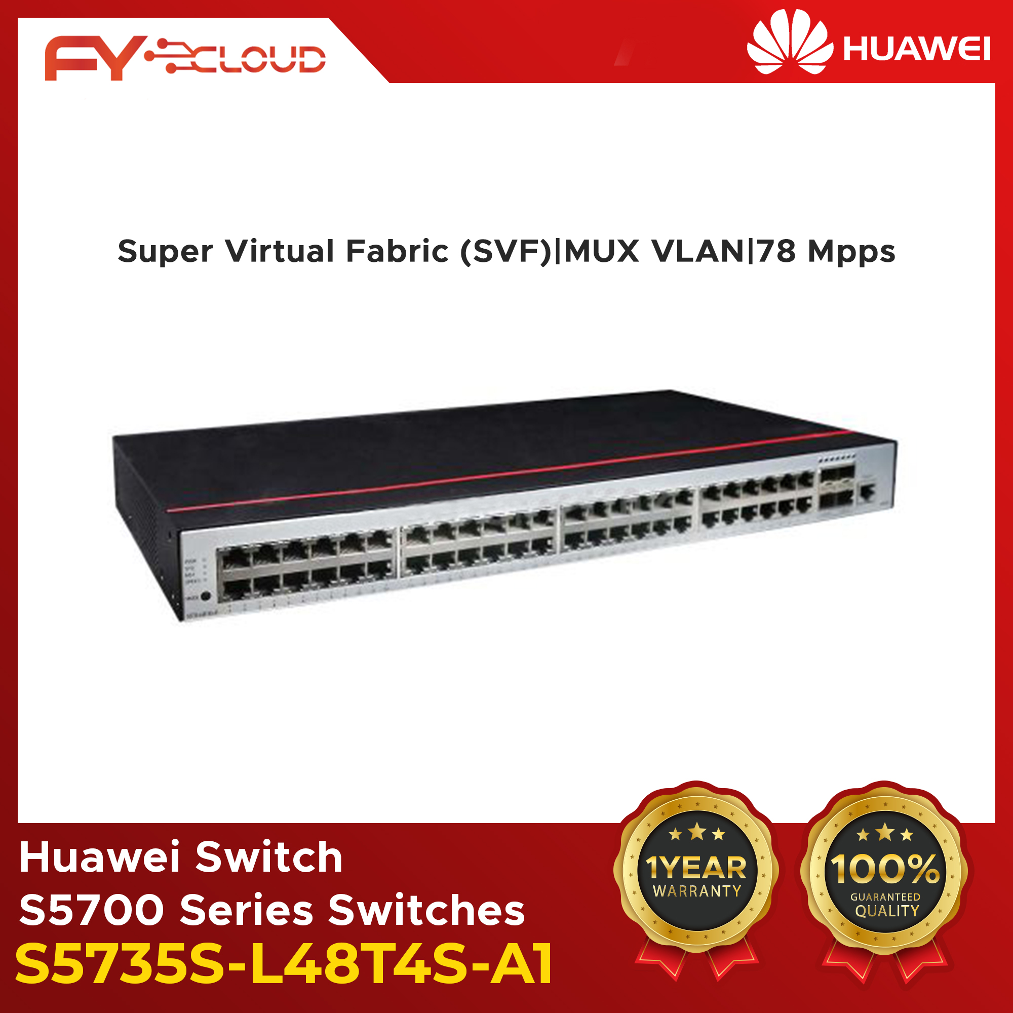 Huawei Switch/Huawei S5700 Series Switches/ 48 x 10/100/1000BASE-T ports, 4 x GE SFP ports/78 Mpps/S5735S-L48T4S-A1/(48 10/100/1000BASE-T Ethernet ports, 4 Gigabit SFP, AC power supply) Switching Capacity 104 Gbit/s/432 Gbit/s