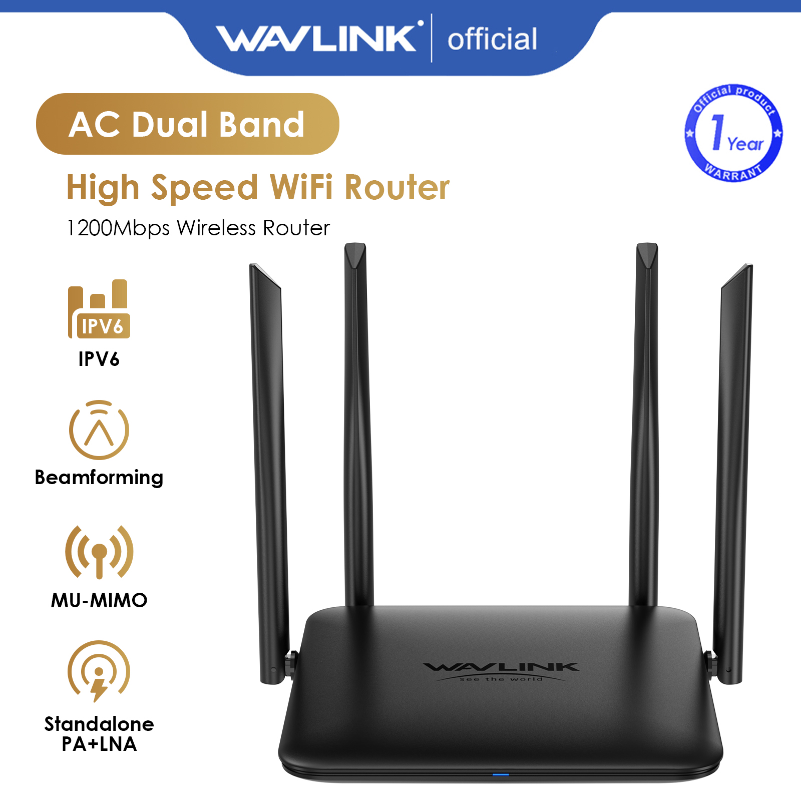 Wavlink AC1200 Wireless Dual Band Router, Gigabit WiFi Router for Home & Gaming, 1 x 10/100/1000Mbps Wan Port, 2 x 10/100/1000Mbps Lan Port, Supports MU-MIMO Beamforming and LNA+PA, IPV6