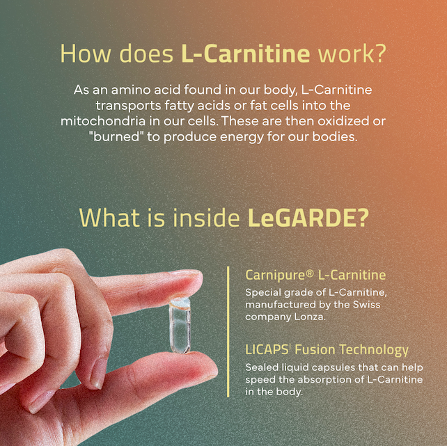 legarde l-carnitine Did you know L-Carnitine is also in food, mainly from red meat. However, if  you're mainly eating white meat, fruits and veggies, you might not be  getting enough. Swipe left to see