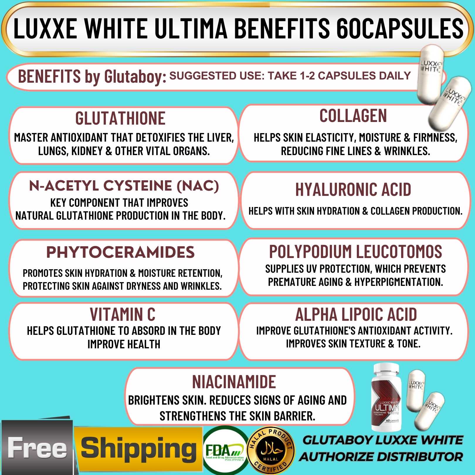 frontrow luxxe white enhanced glutathione benefits ULTIMA 60s 1400MG WITH COLLAGEN AND NIACINAMIDE PAMPAPUTI ORAL SUNBLOCK ORAL MOISTURIZING FOR ACNE PIMPLE SKIN WHITENING DARK SPOT VITAMIN C E HALAL FRONTROW S ACETYL beauty Luxxe products and the benefits