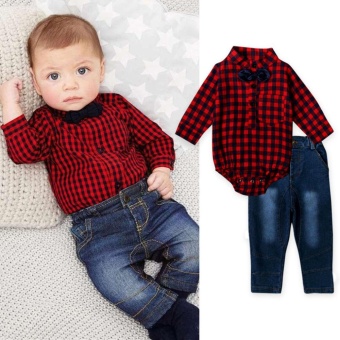 Infant Baby Boys Red Plaid Long Sleeve Romper Tops+Jeans Pants Clothing Sets Outfits For 0-24M - Intl June 2018 - 2 Infant Baby Boys Red Plaid Long Sleeve Romper Tops+Jeans Pants Clothing Sets Outfits for 0-24M - intl - 2