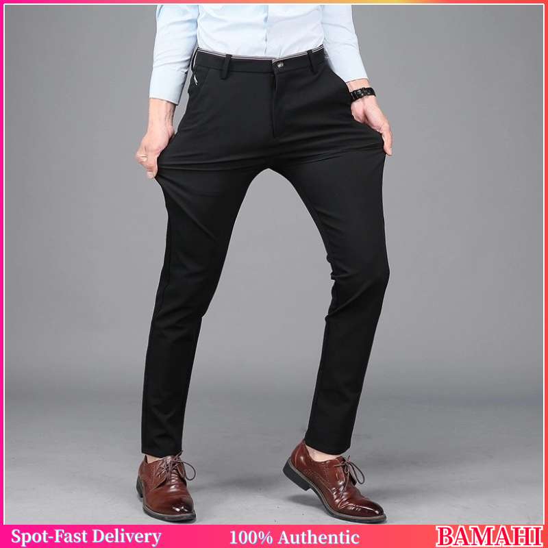 New 2024 Men's Formal School Pants Thin Seluar Black Korean Stretchable  Slacks Slim Fit