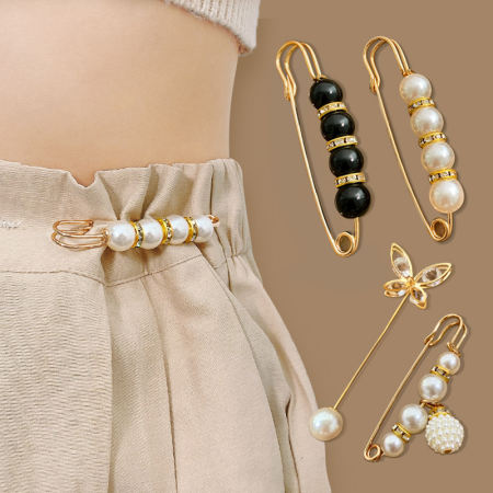 1PCS Waistband Pin Accessories Good Quality Pearls Crystal Gold Brooch Waist Tightening Clamp Anti Exposed Safety Pins