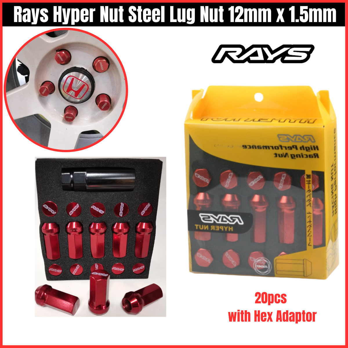Rays Hyper Nut Steel Lug Nut 12mm x 1.5mm 20 pcs.(Red)