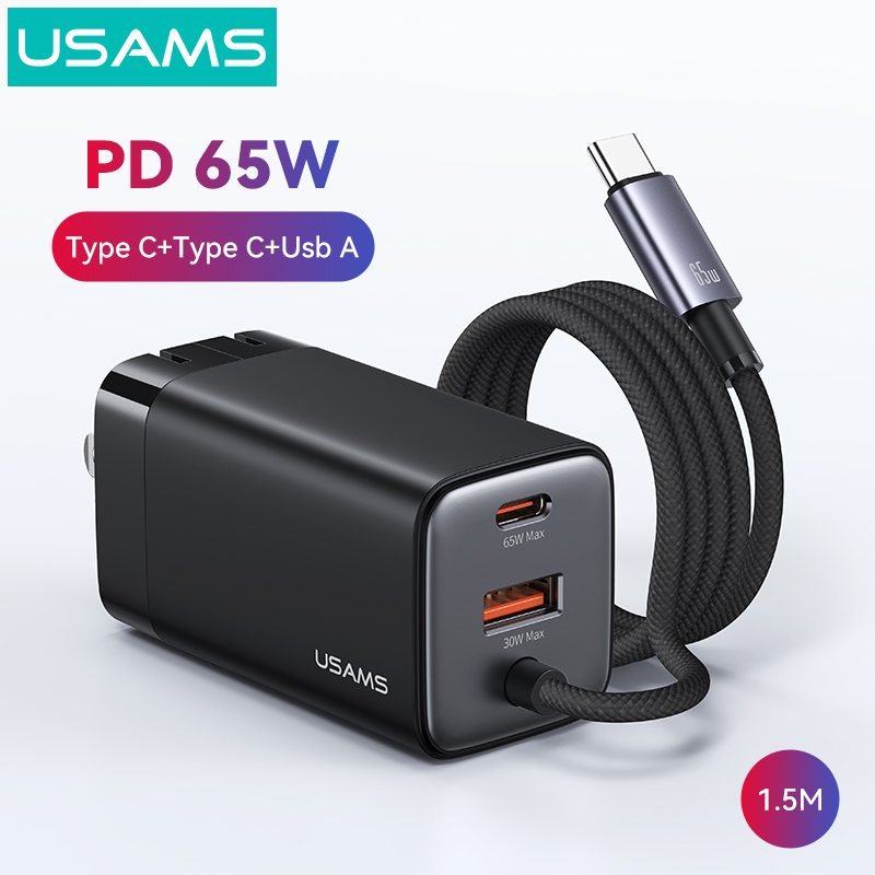 USAMS 65W GaN 3-Port PD Sạc nhanh 2C1A 2 Loại C 1 USB A Sạc với cáp du lịch 1,5m cho Samsung S24 Ultra s23 Ultra Ipad Pro 2021 MacBook M1 iPhone 13 14 15 16 Pro Max iPhone 14 Plus