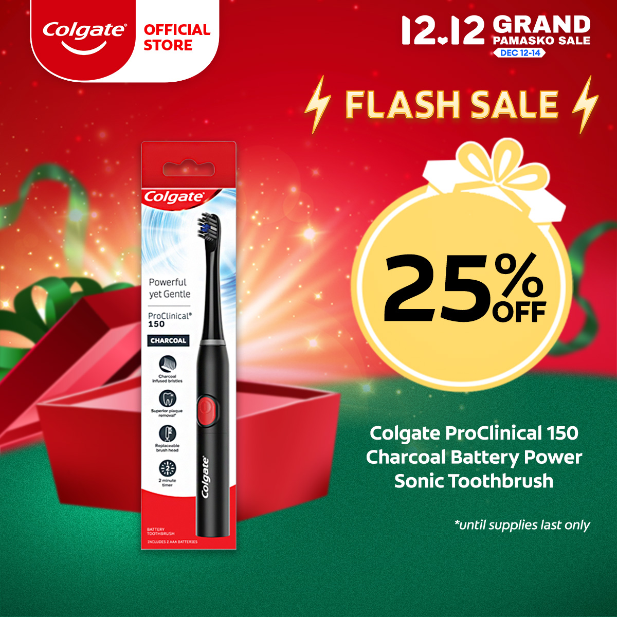 Lazada Philippines - Colgate ProClinical 150 Charcoal Battery Power Sonic Toothbrush with Soft Bristles