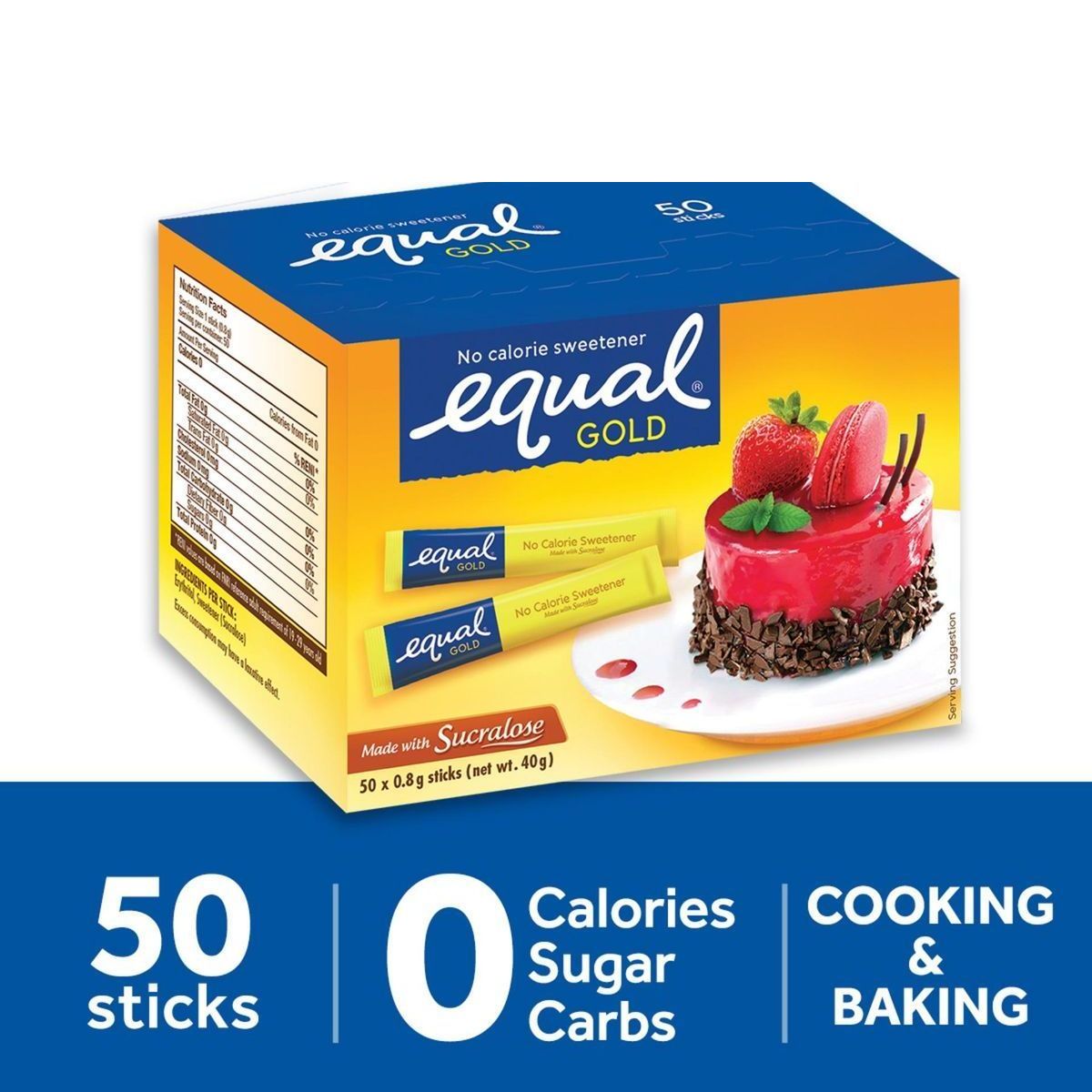 EQUAL Gold Zero Calorie Sweetener, 50 sticks - Diabetic-Friendly