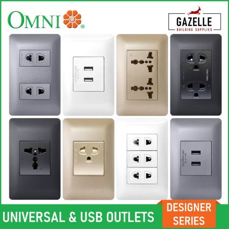 Omni Designer Series Universal and Usb outlet Sets 16A - 1 / 2 / 3 Gang - Ivory / Brass / Graphite / Titanium Duplex Aircon Tandem Telephone Television Cable Lan CAT6