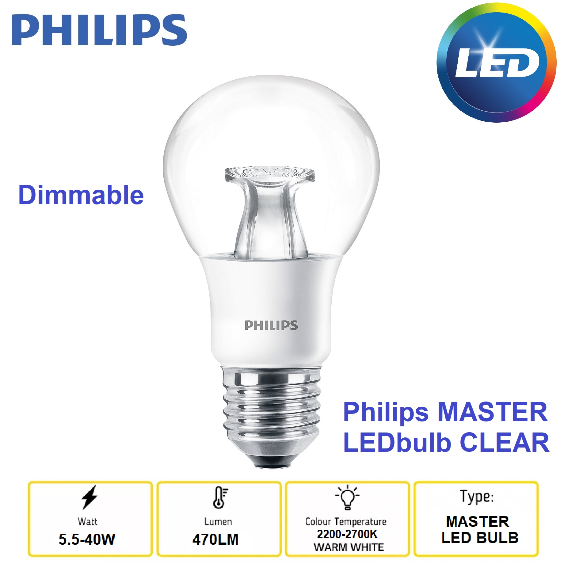 marts udvande hænge Philips Master LED bulb DT 5.5W-40W E27 A60 CL LEDbulb Warm White Dimmable  Clear | Lazada PH