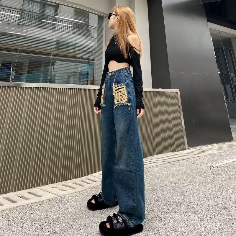 Free Shipping)American Style Retro Wide Leg High Waist Jeans Pants for  Women Straight Cut Irregular Ripped Floor Mopping Trousers Fashion Y2K  Style