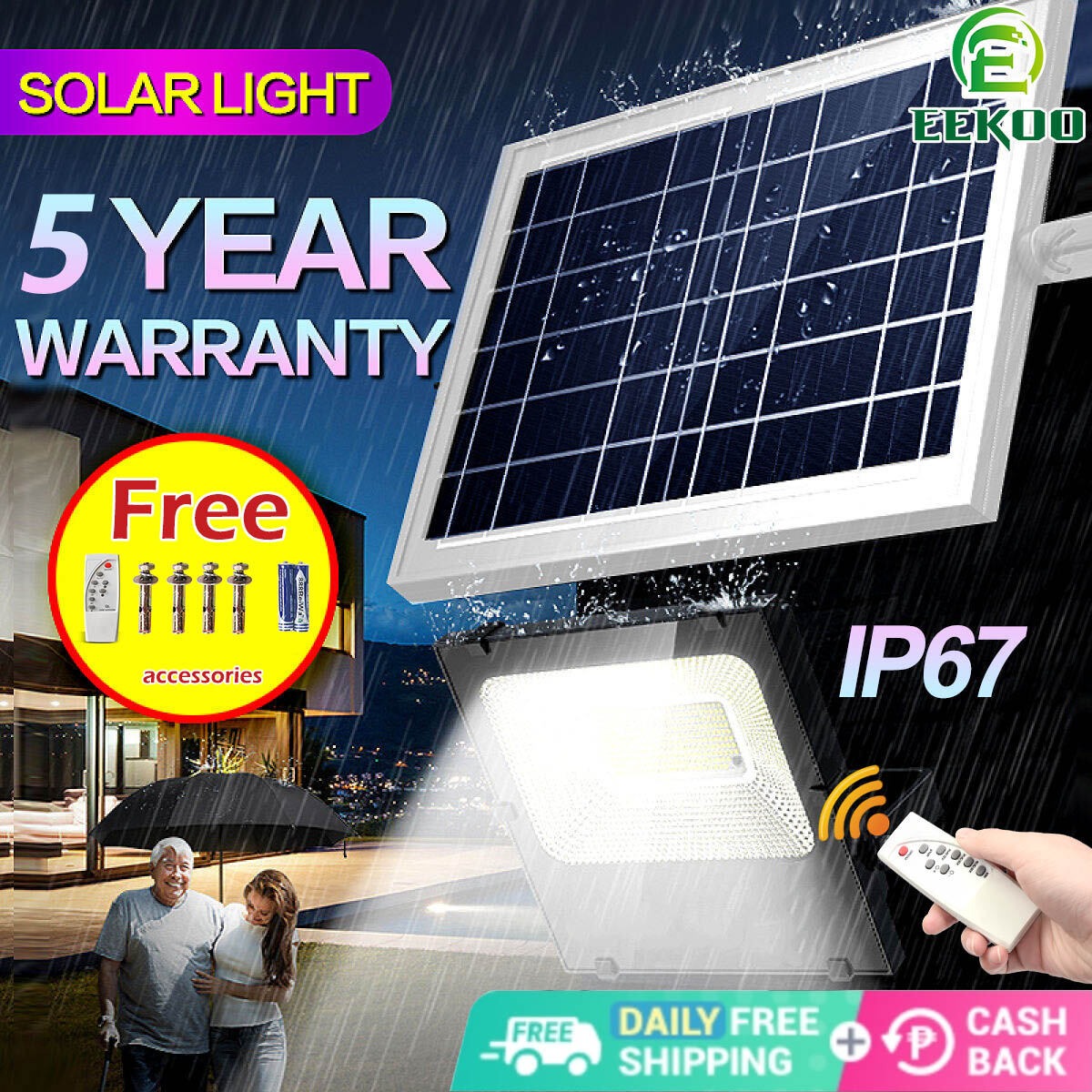 EEKOO Heavy Duty 3000W 300W 40W 100W 200W Solar Lights Led Outdoor Flood Light Street Lamp Panel Set Waterproof Garden Automatic IP67 With Remote 5 Year Warranty