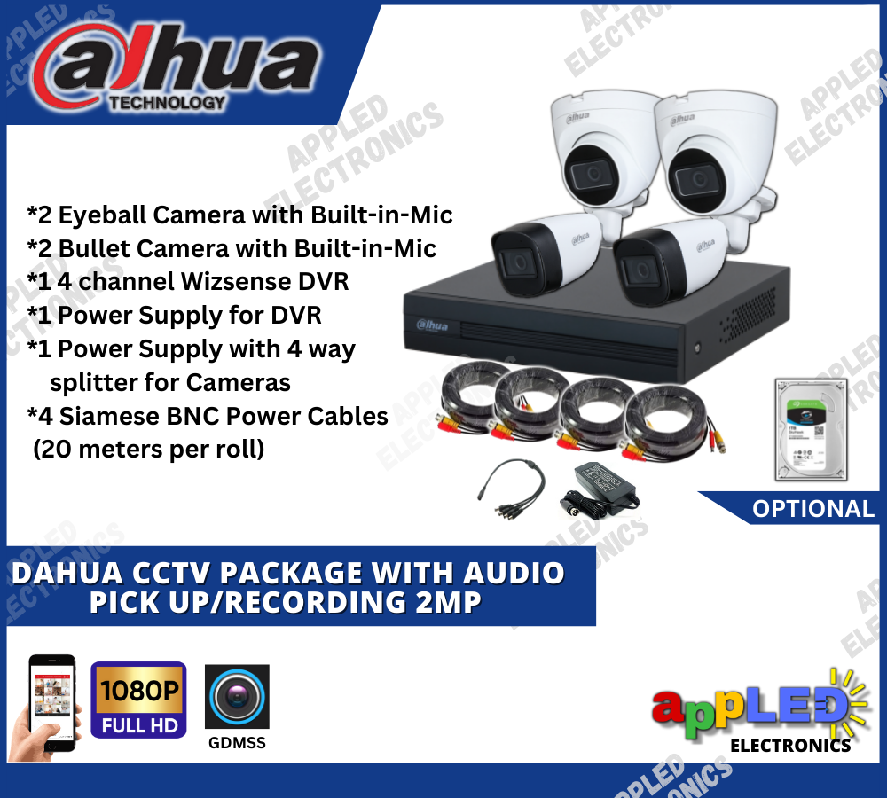 DAHUA CCTV PACKAGE WITH AUDIO PICKUP/RECORDING 2MP Cameras with