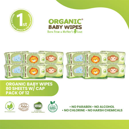 ORGANIC BABY WIPES 80's with CAP PACK OF 12 Nature