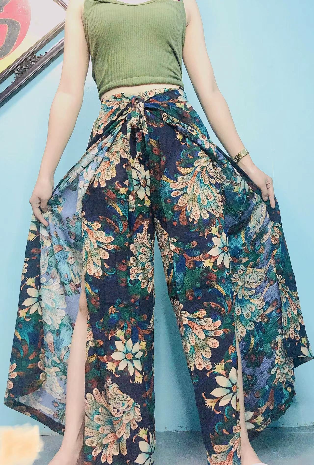 T901 PEACOCK FLORAL SUMMER BEACH SQUARE PANTS WRAP AROUND SLIT TIE PALAZZO PANTS Lazada PH