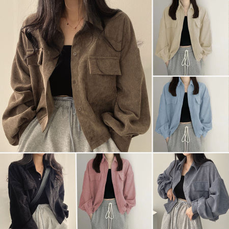 Korean Retro Corduroy Jacket for Women - Loose Long Sleeve Blouse