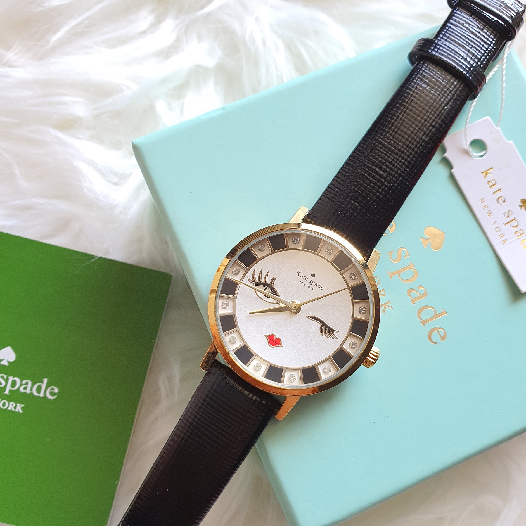 Original Kate Spade Metro Wink Cream and Black Dial Black Leather