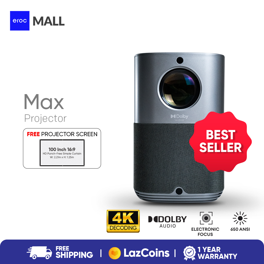 Eroc MAX Projector with Built in Speaker 1080P FULLHD 4K Decode 650 ANSI 200" Screen LED Dolby Audio Electronic Focus