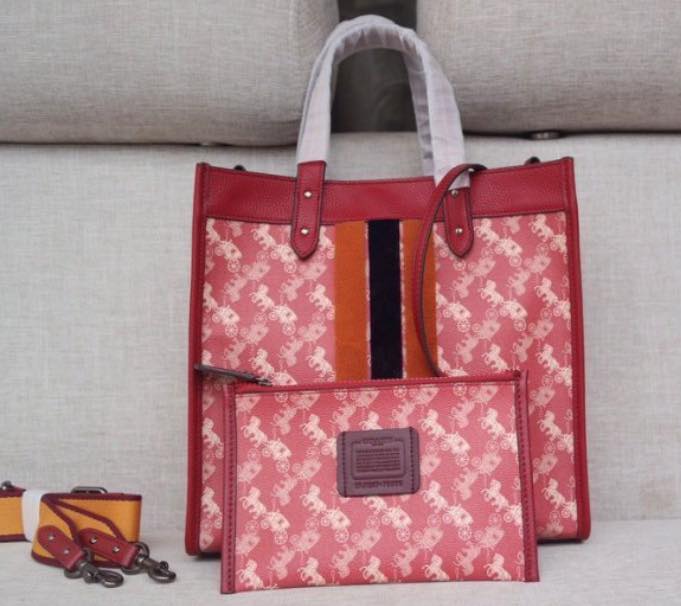 coach field tote 40 with horse and carriage print and varsity stripe