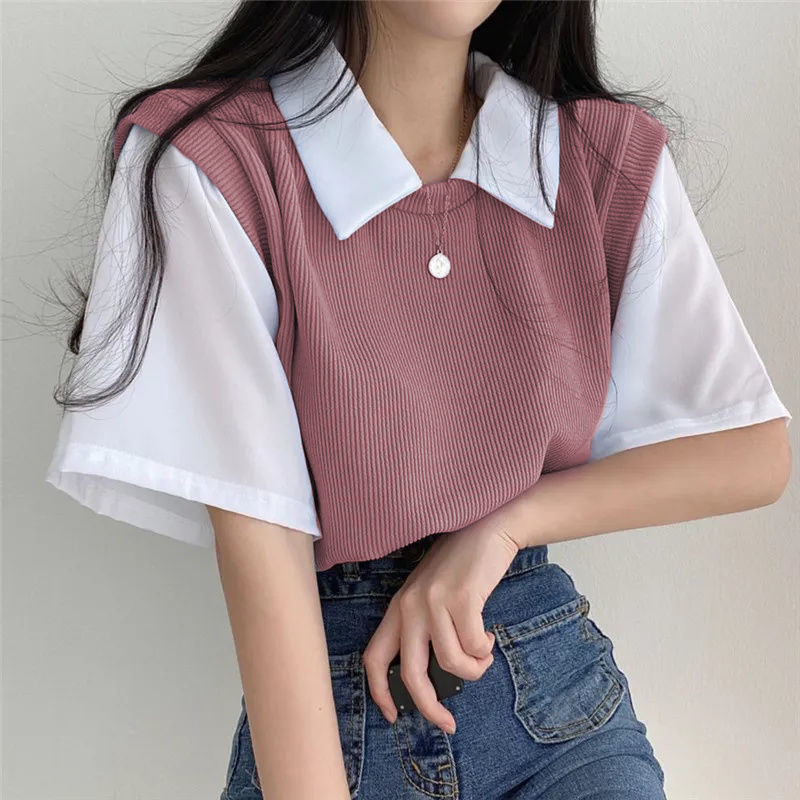 TWINKLE FASHION Long Sleeve Korean Style Vest polo shirt Collar Fake 2in1  Women's Loose Casual fashion top #6890