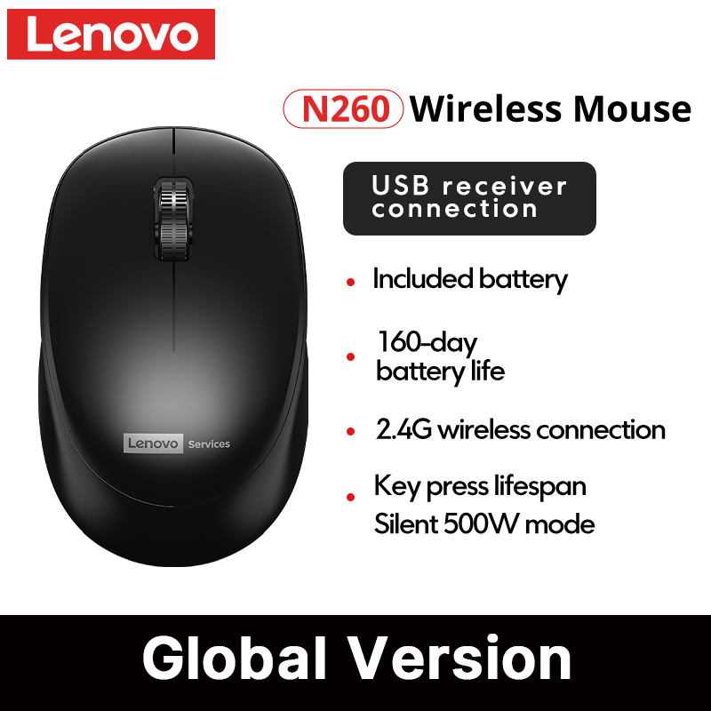 Lenovo N260 USB Wireless Mouse Portable Silent High Sensitivity 1200 DPI 250hz High Quality Optical Ergonomic PC Gaming Mouse for Office Home Gaming Support PC/Mac/Laptop