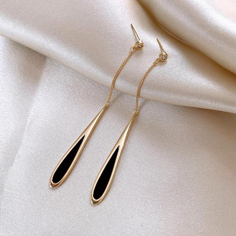 New Fashion Black Drop Tassel Long Earrings Women Temperament Gold