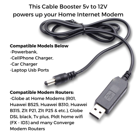 Riley Mnl - Step Up 5V to 12V Usb Wifi Connector to Powebank Cable Adaptor Compatible with Globe , PLDT, Converge & Huawei Modem and Routers