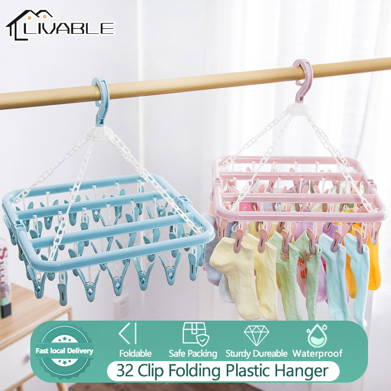 LIVABLE 32 Clip Folding Plastic Hanger Space Saving Storage Drying Racks Non Slip Clothes Rack Thicken Folding Portable
