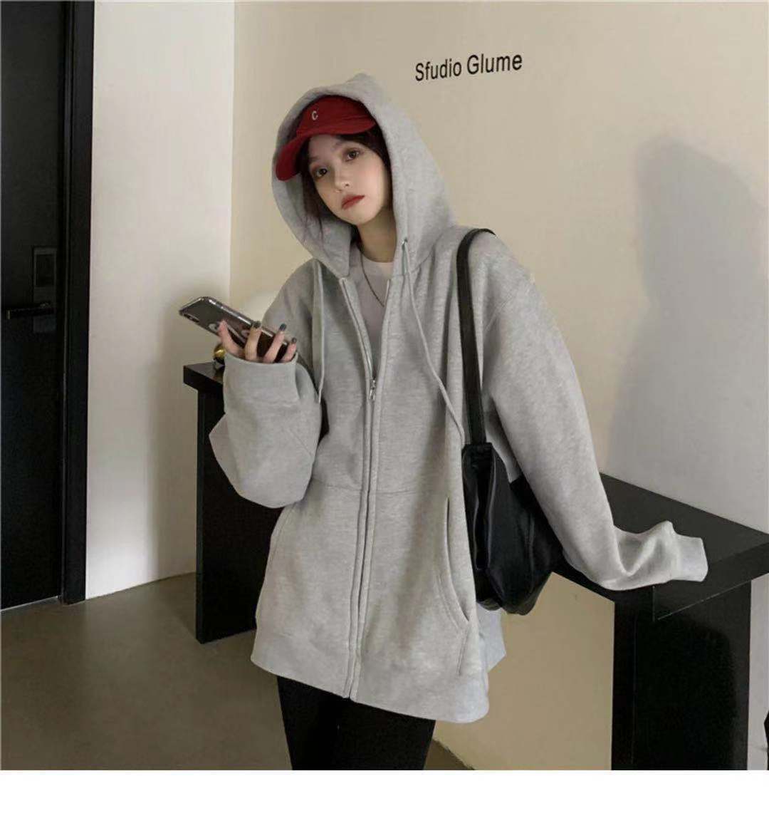PWAE Hoodies Jacket for Women Korean Oversize Gray Hooded Sweater for Women Zipper Jacket Women's Ins Trend Tops for Women