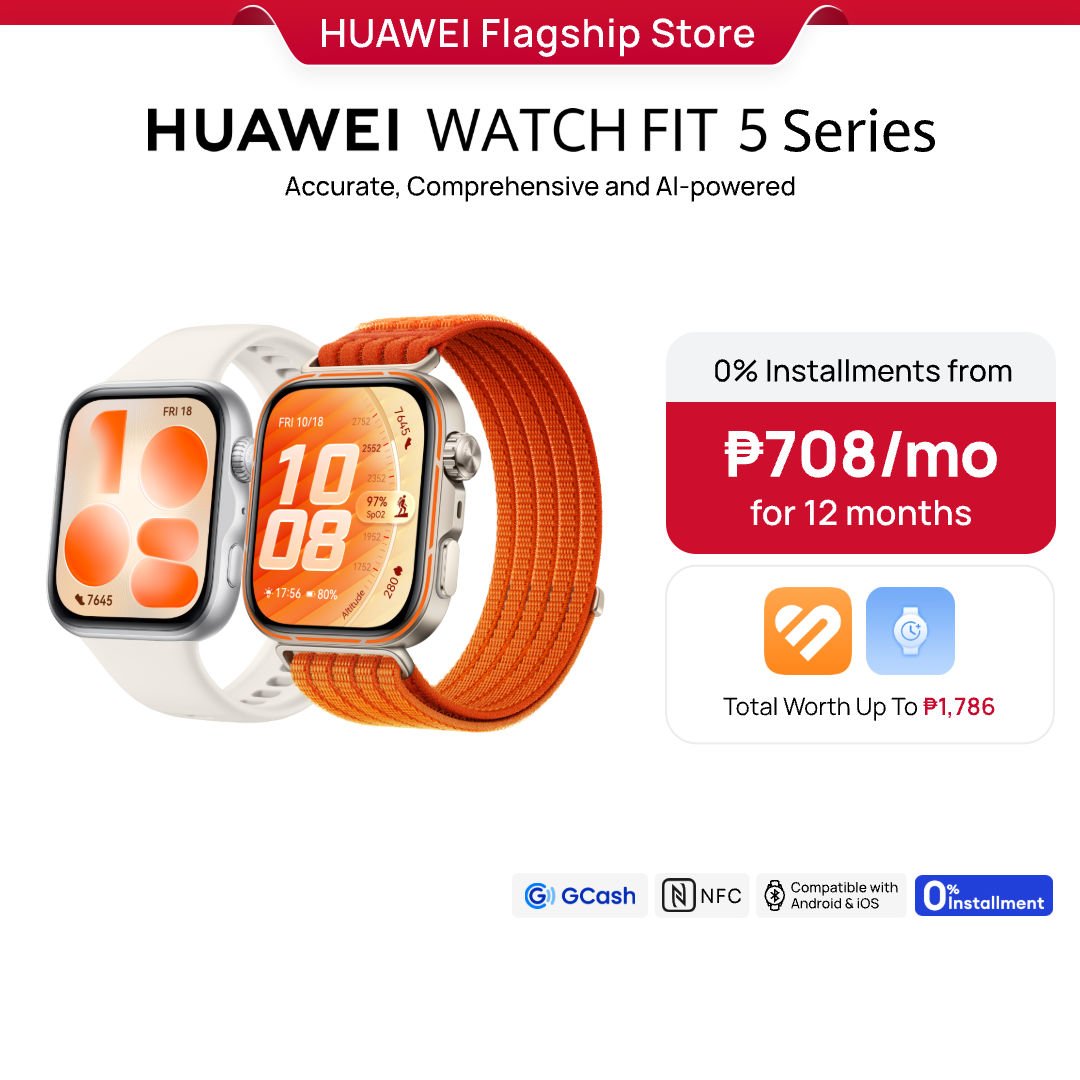 HUAWEI WATCH FIT 5 Series Smartwatch l 1.92“ FullView Display* l Diabetes Risk Study* l CE-certified ECG* & Pulse Wave Arrhythmia l Mini-workout l Racket Sports l Up to 10 days Battery Life l Gcash WatchPay l iOS & Android Compatible