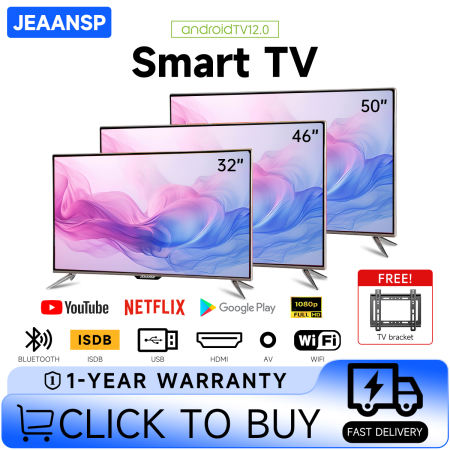 （FREE Gift） Jeaansp Smart TV 32inch/40inch/43 inch/46inch/50inch HD Led With Android TV/WiFi/Netflix/YouTube/Flicker free & Low bluelight, Google Assistant Free Wall Bracket