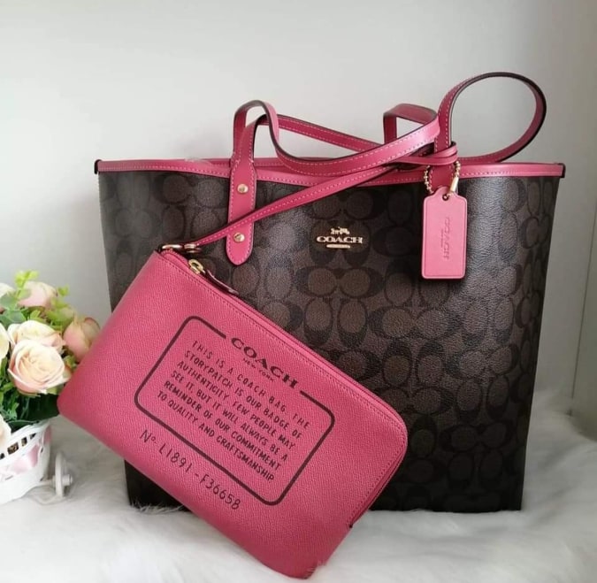 Coach F36658 Signature Coated Canvas Monogram Tote Bag-Brown / Hot Pink