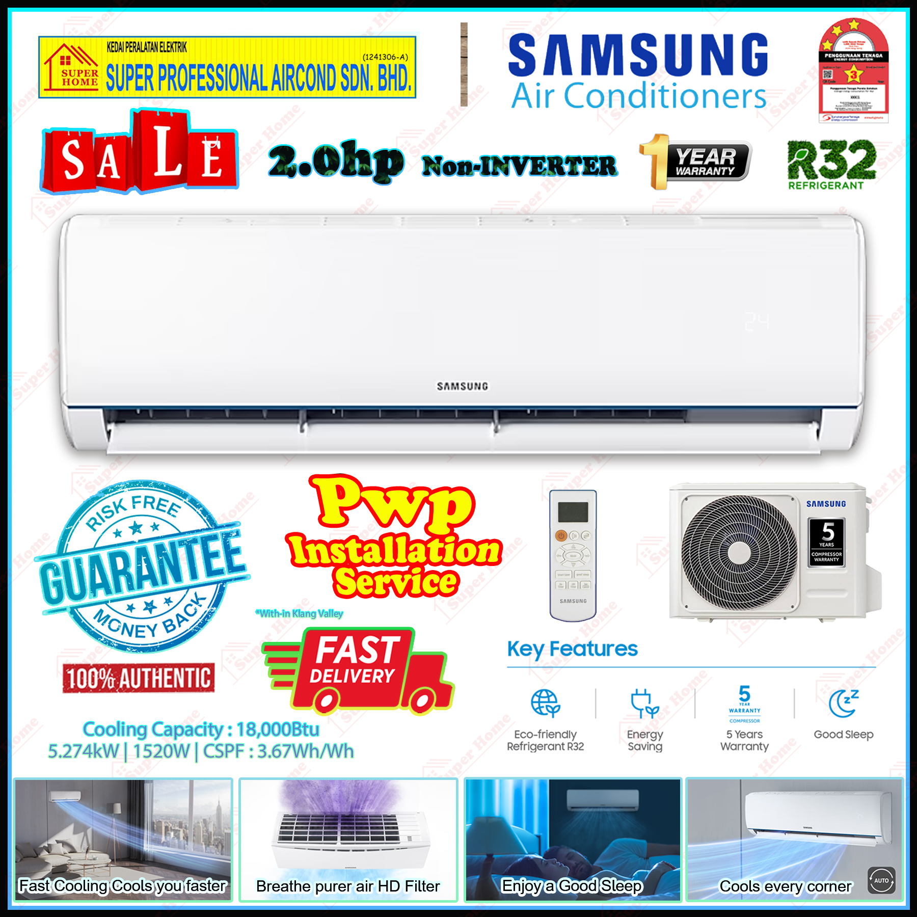 Samsung aircond 1.0hp - 2.5hp S-essential R32 non inverter air conditioner )