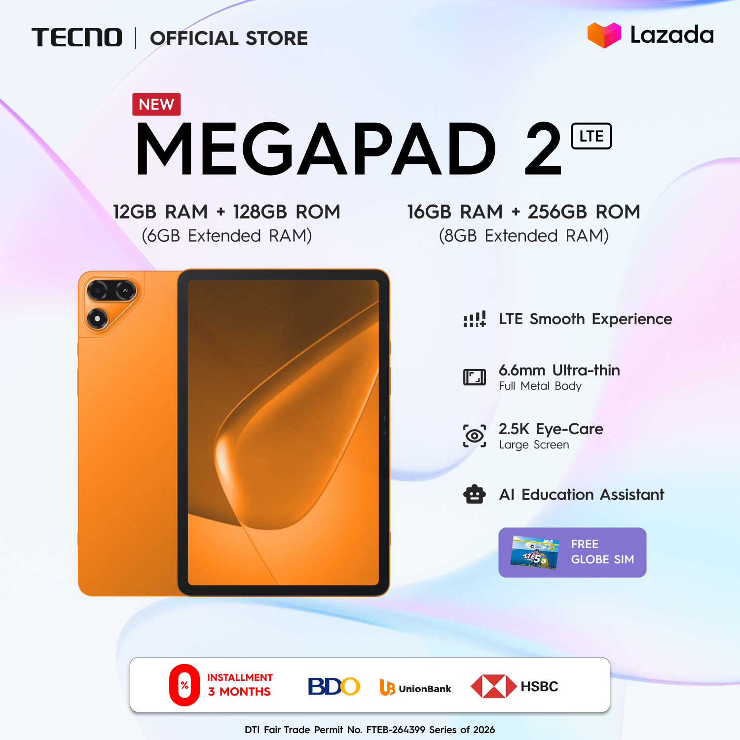 [NEW] TECNO MEGAPAD 2 / 11" 2.5K Eye-Care Large Screen / 6.6mm Metal Body / AI Education Asst / LTE