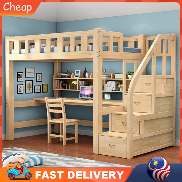 Solid Wood Kids Loft Bed with Desk and Wardrobe Set