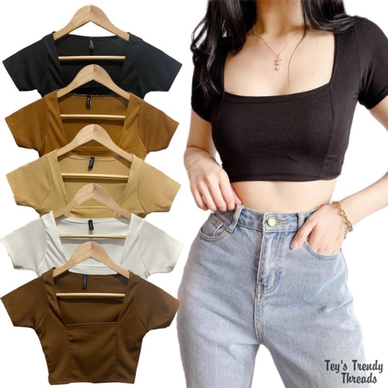 BKK Bandana Crop Top Basic Blouse V Shape Knitted Fabric Fit up to