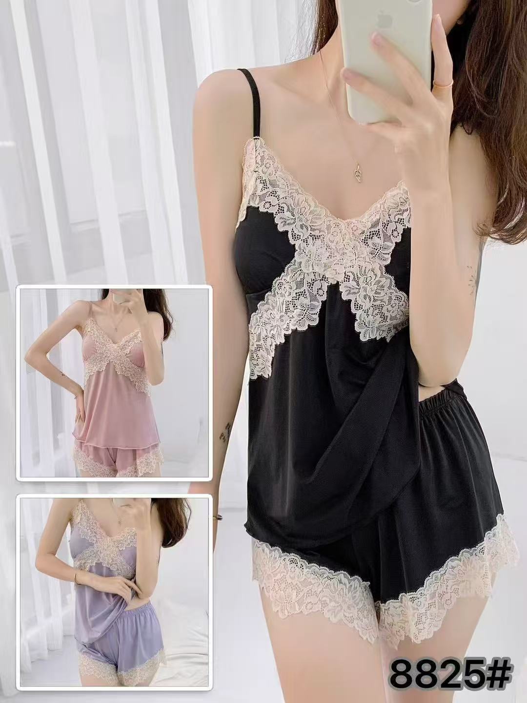 Pajamas Summer Women Thin Style Ice Silk Sexy Lace Suit Summer Pure Desire Style Suspender Shorts Two-Piece Suit with Chest Pad#8825