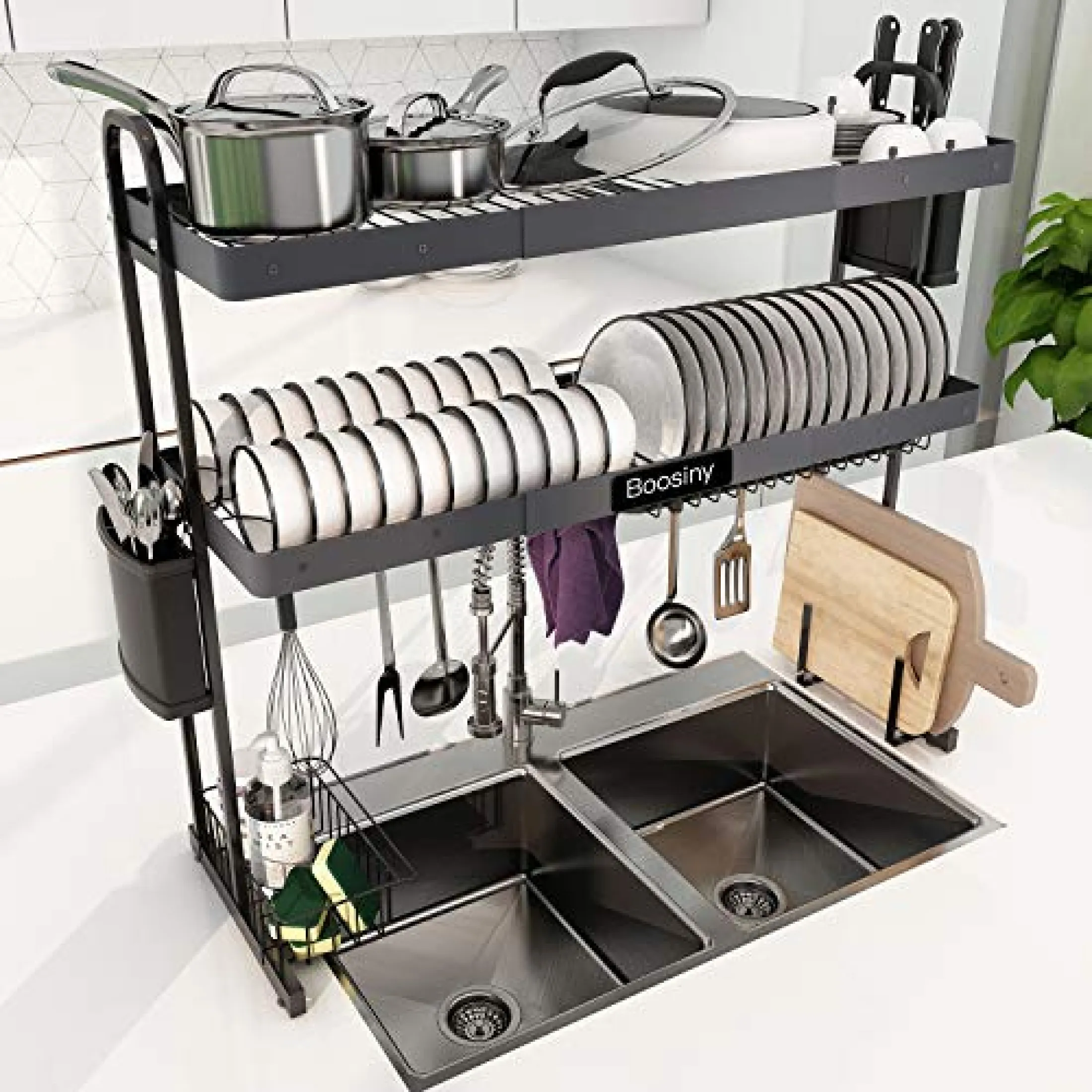 2 Tier Dish Drainer Rack Tray Plate Storage Over Sink Kitchen Utensils Holder