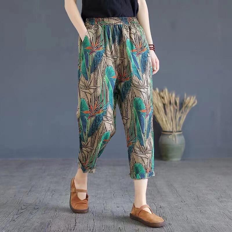 TY. Korean 3/4 elastic waist loose harem pants floral printed pockets pants  cotton linens pants #705