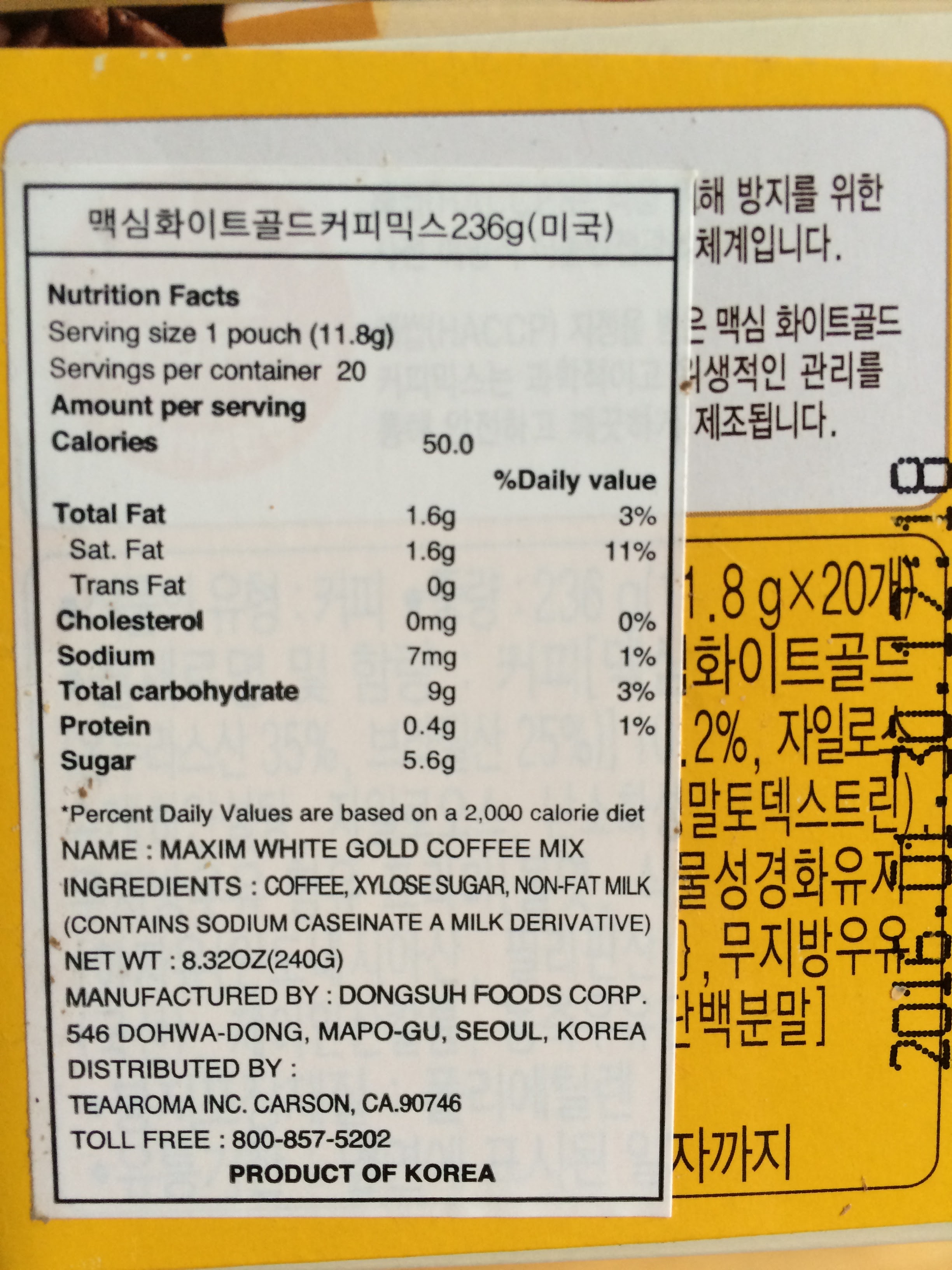 maxim coffee nutrition facts