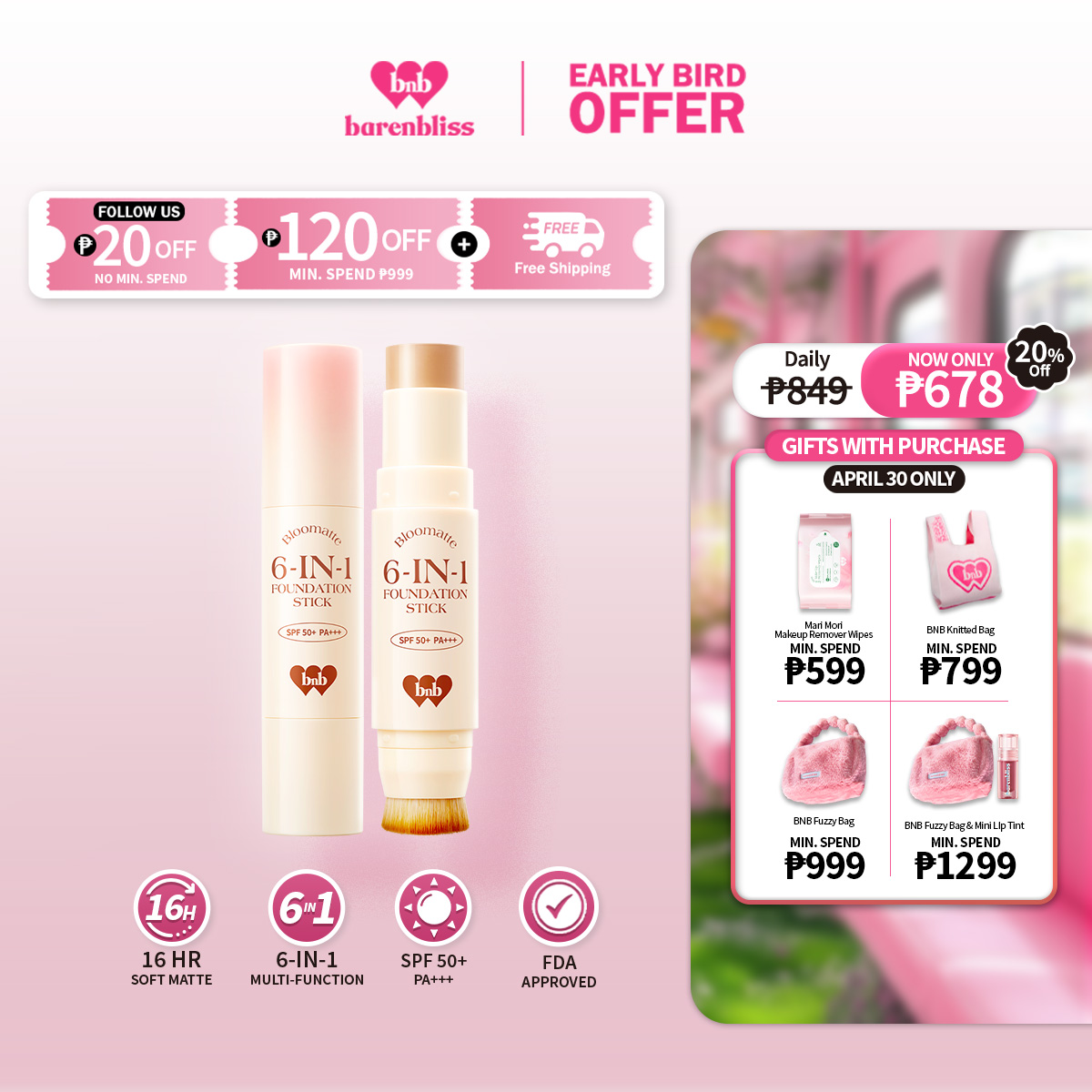 Discount on Barenbliss  shoes - SKU: barenbliss BNB Bloomatte 6-in-1 Foundation Stick | Transfer Proof |16HR Long Wear | Oil-Control