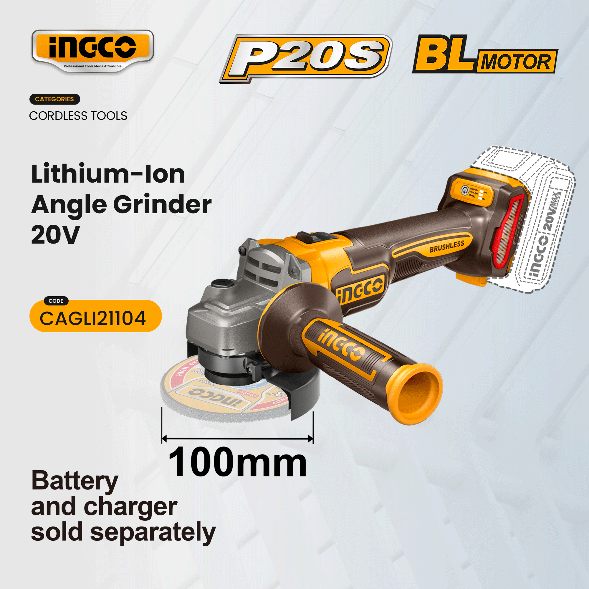 INGCO 20V Cordless Angle Grinder with Brushless Motor