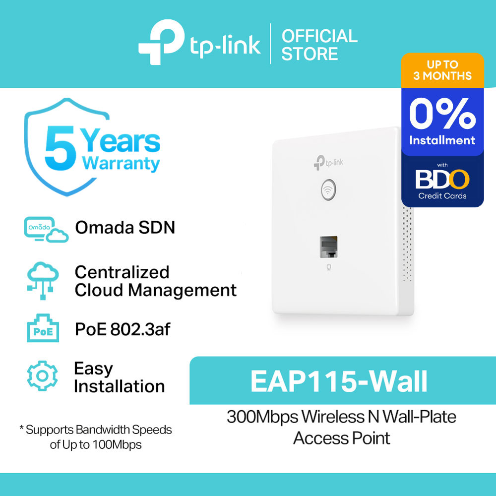 TP-Link Official Store / EAP115-Wall / 300Mbps Omada SDN Wireless N Wall-Plate Easy Installation WiFi Hotspot Omada PoE Wireless Network Pisowifi Access Point