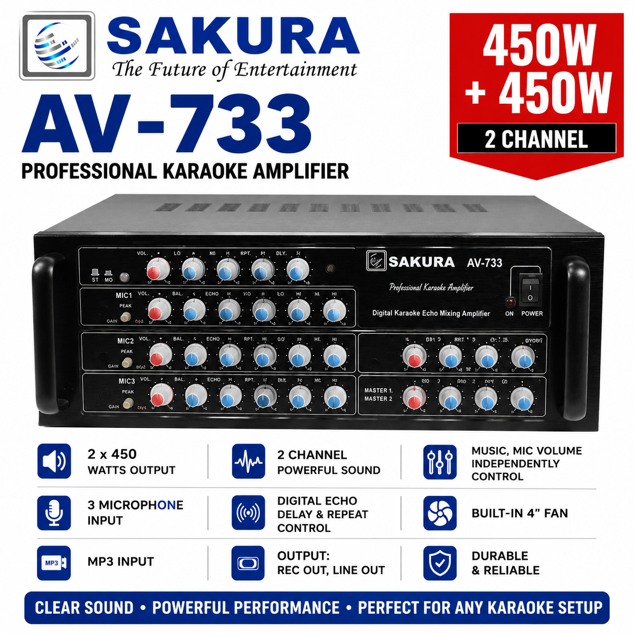 Sakura AV-733 Professional Karaoke Amplifier 450W x2 2 Channel