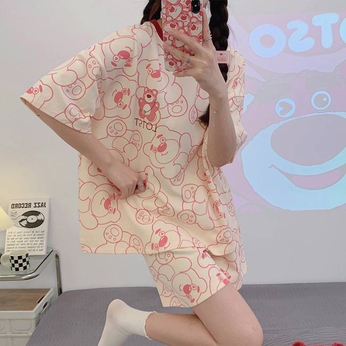 Motovita Cartoon Pajamas Set Cute Printed Casual Wear Cotton Pyjamas 2 Pieces Casual Short-Sleeved Women's Sleepwear - Image 2