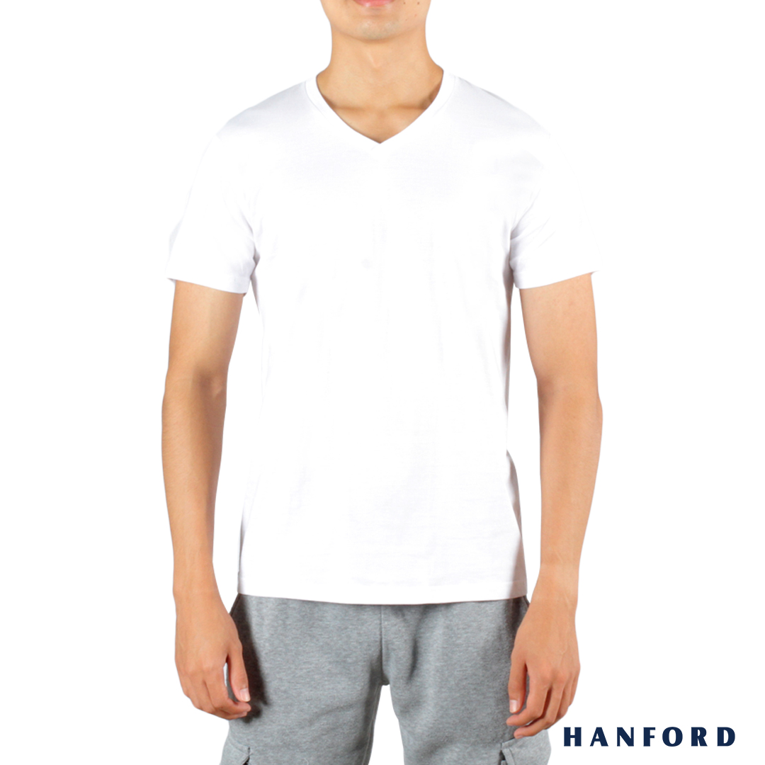 Hanford Men V-Neck Cotton Modern Fit Short Sleeves Shirt - White (Single  Pack)