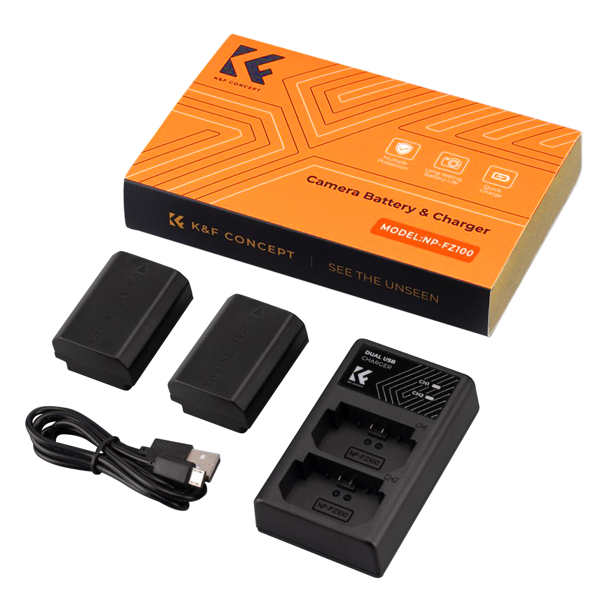 K&F Concept NP-FZ100 Battery and Dual Slot Charger Set for Sony A7iii,  A7iv, A7C, ZV-E1, FX3, FX30, A9, A6600, Alpha 9, Alpha 9S, A9S, A7R3, A7R4