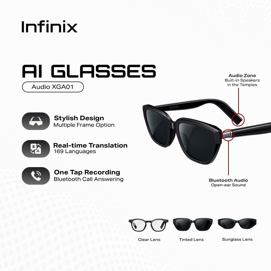 Infinix - XGA01 AI Glasses / Stylish Design with multiple frame option / Real-Time Language Translation, 169 Languages / One Tap Recording, Bluetooth Call Answering / ENC Noise Reduction / Up to 12 Hrs Playback
