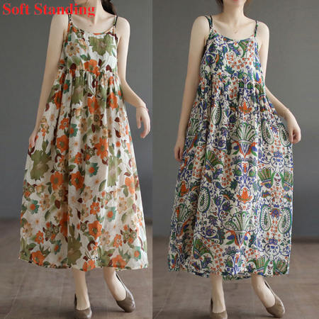 SF Retro Floral Suspender Dress for Women, Casual Cotton Linen